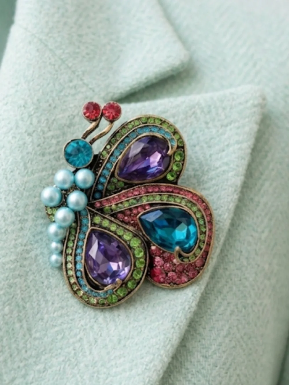 Vintage Style Multicolored Crystal Butterfly Brooch Pin | Antique Gold Tone NWT